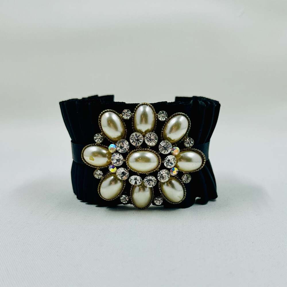 Black Pleated Ribbon Cuff Bracelet Cream Faux Pearl Rhinestone Costume Jewelry